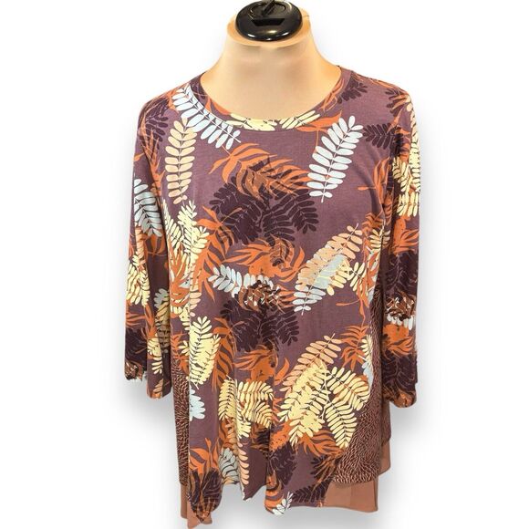 Logo By Lori Goldstein Mixed Print Knit Top Size Large Chiffon Hem Tunic Brown - Picture 2 of 11